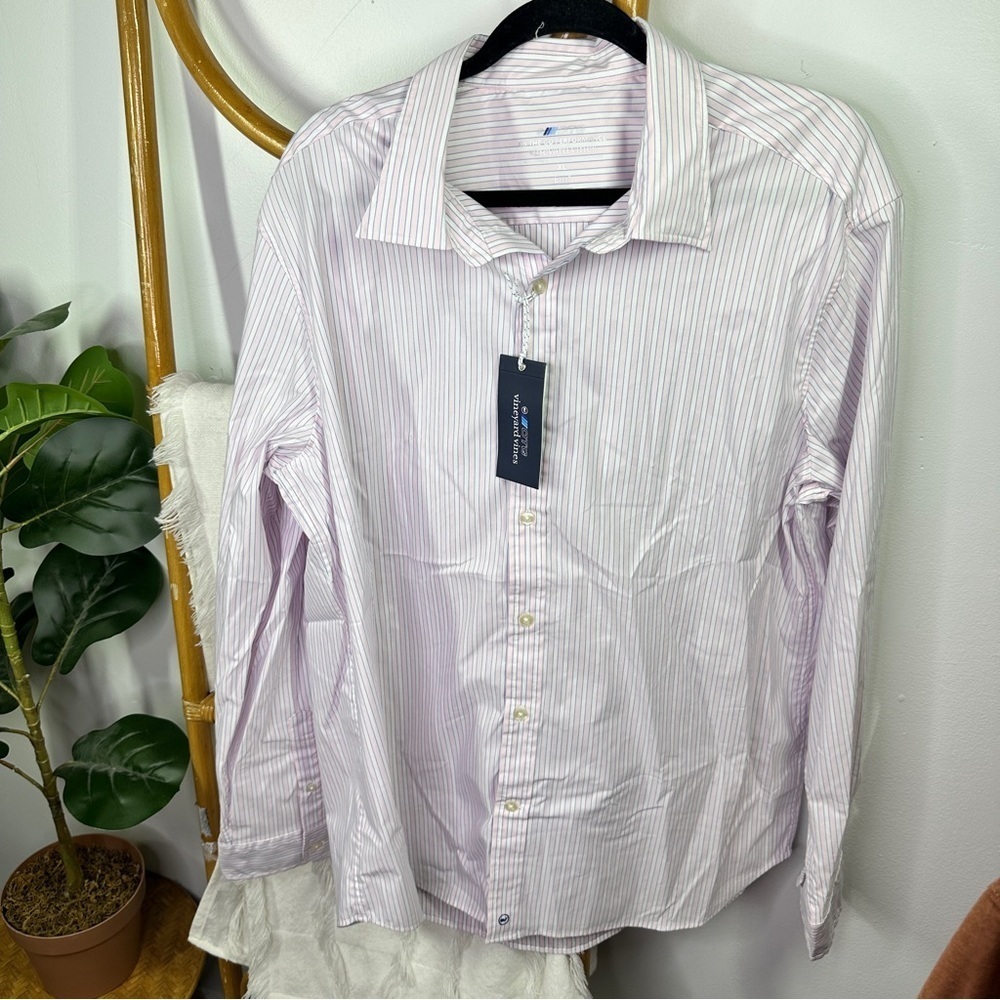 NWT Men’s Vineyard Vines On The Go Performance Pink Striped Shirt sz XL